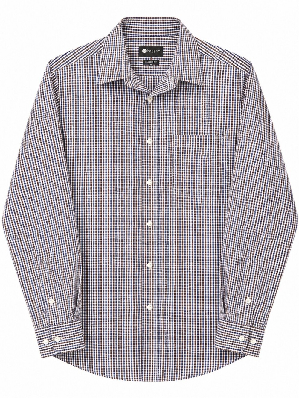 Haggar Men’s Blue and Brown Micro-Check Dress Shirt L/G